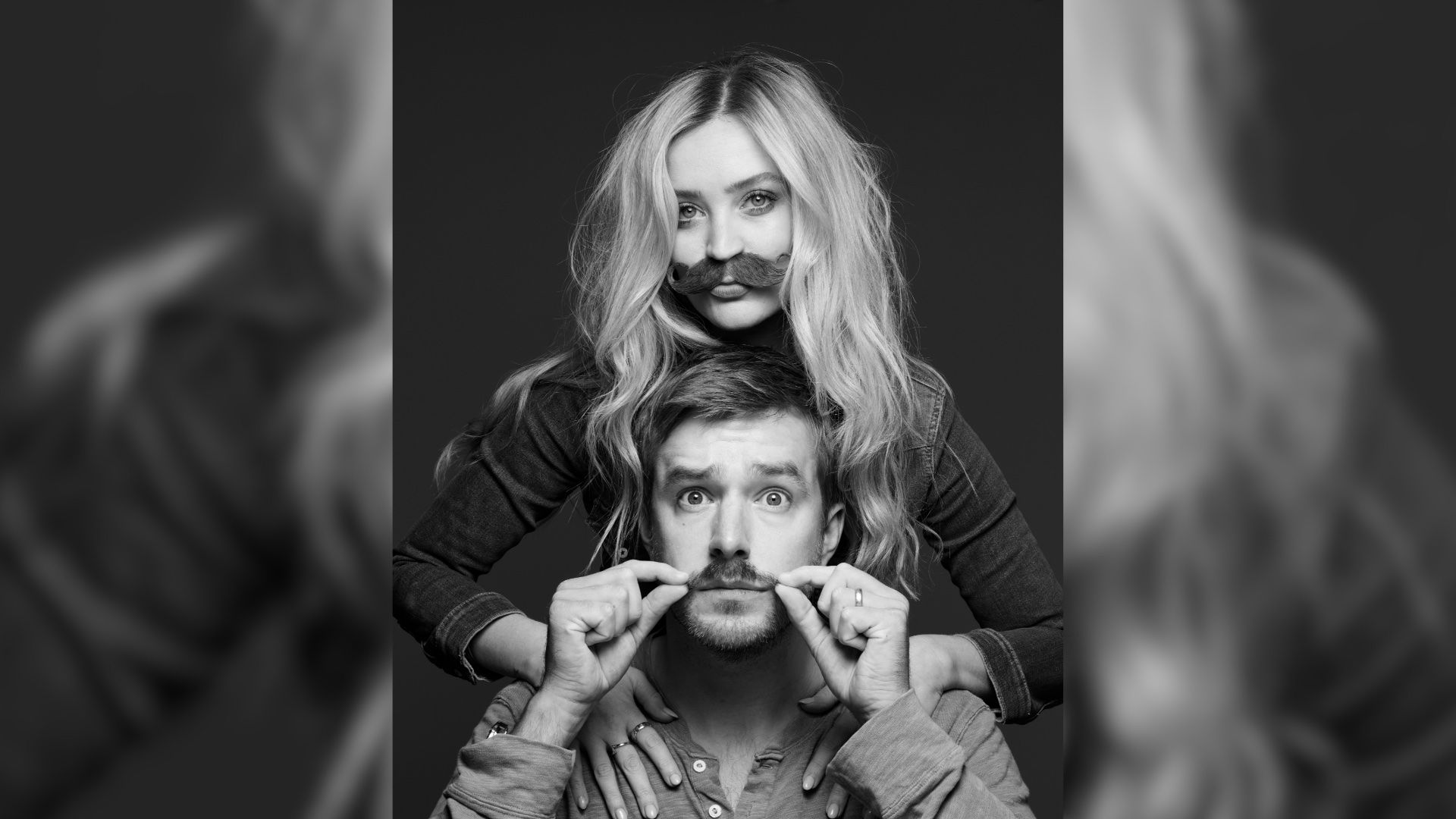 Professional portrait photo of celebrities Laura Whitmore and Iain Stirling, promoting Movember.