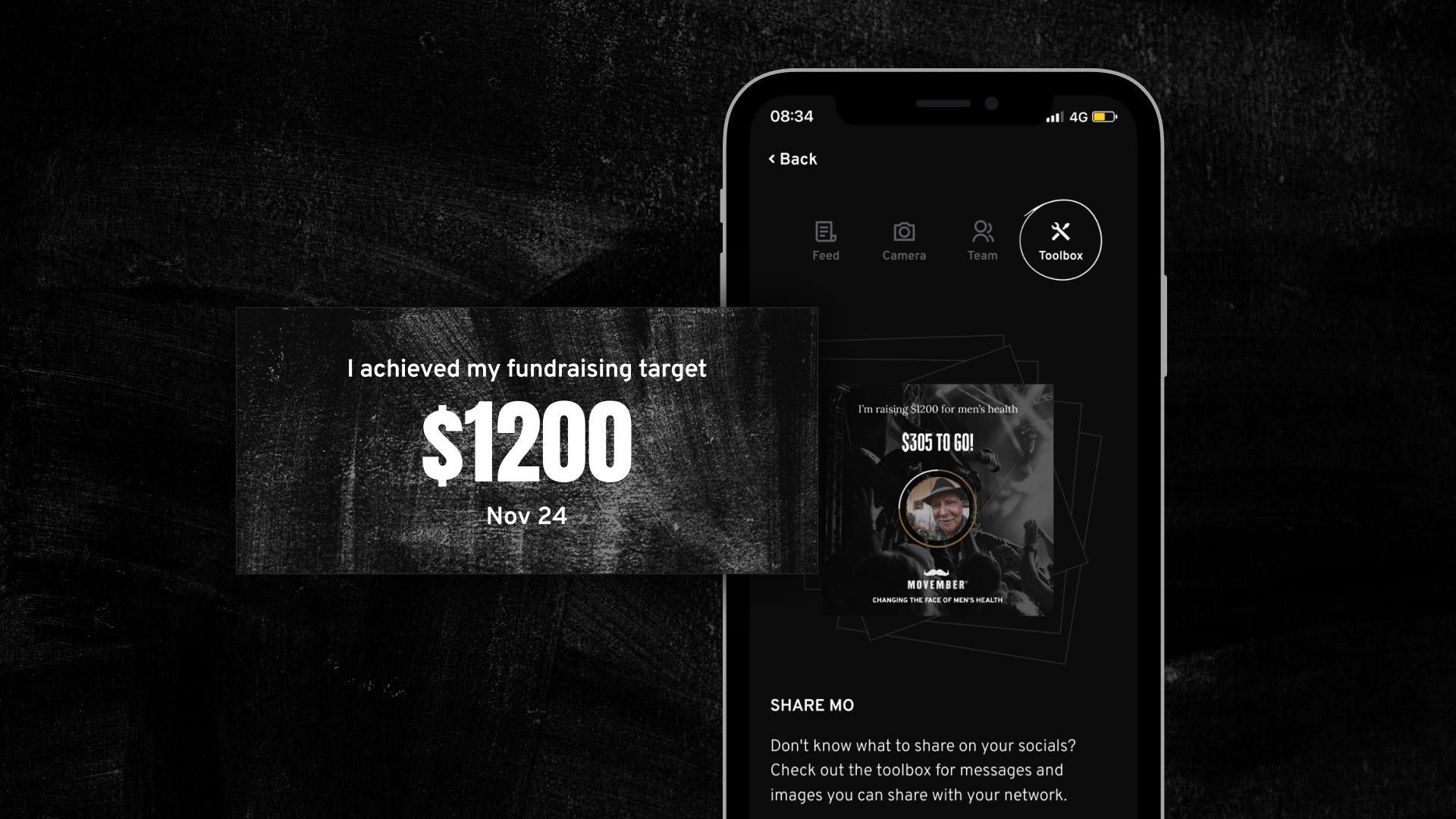 Image of a smart phone screen, showing the Movember app. Several magnified sections highlight the user's fundraising target.