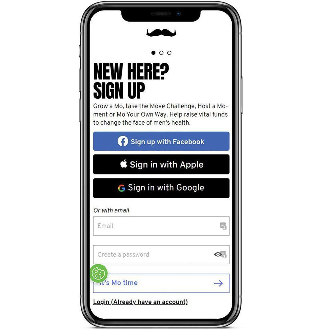 Screen capture of the movember.com sign-up page. It says "New here? Sign up."